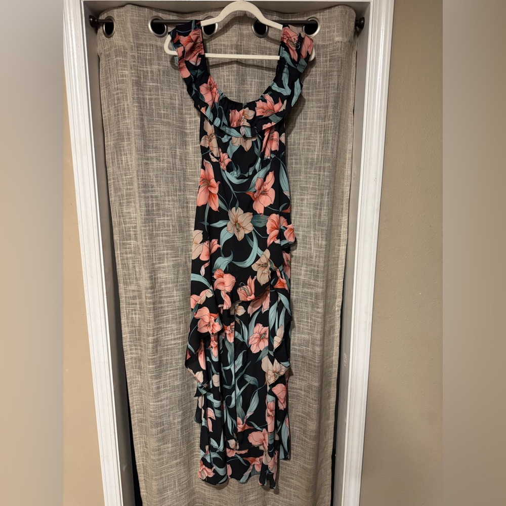 Black and Floral Print High-Low Dress